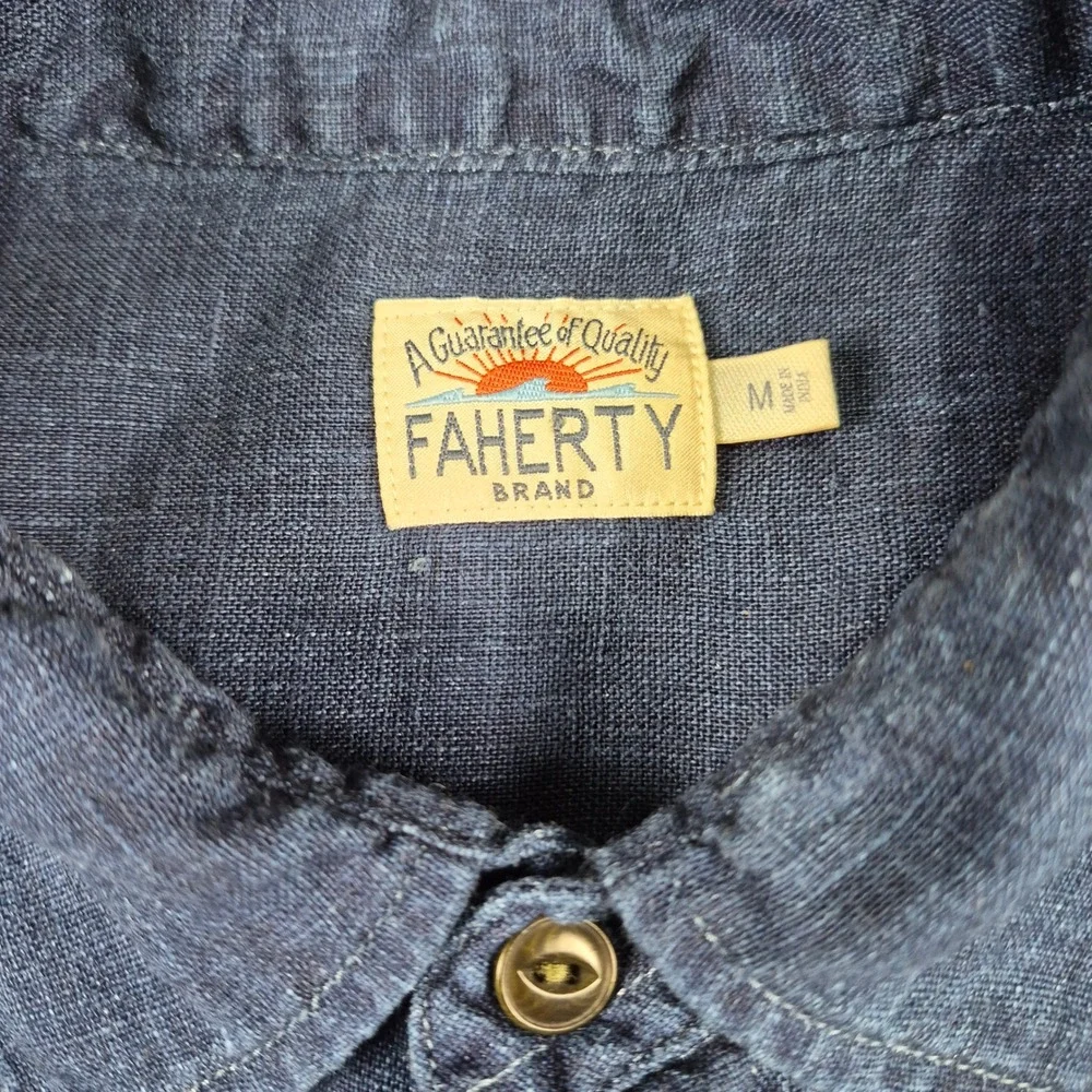 Faherty Shirt Mens M Blue Palma Linen Short Sleeve Indigo Basketweave Chambray